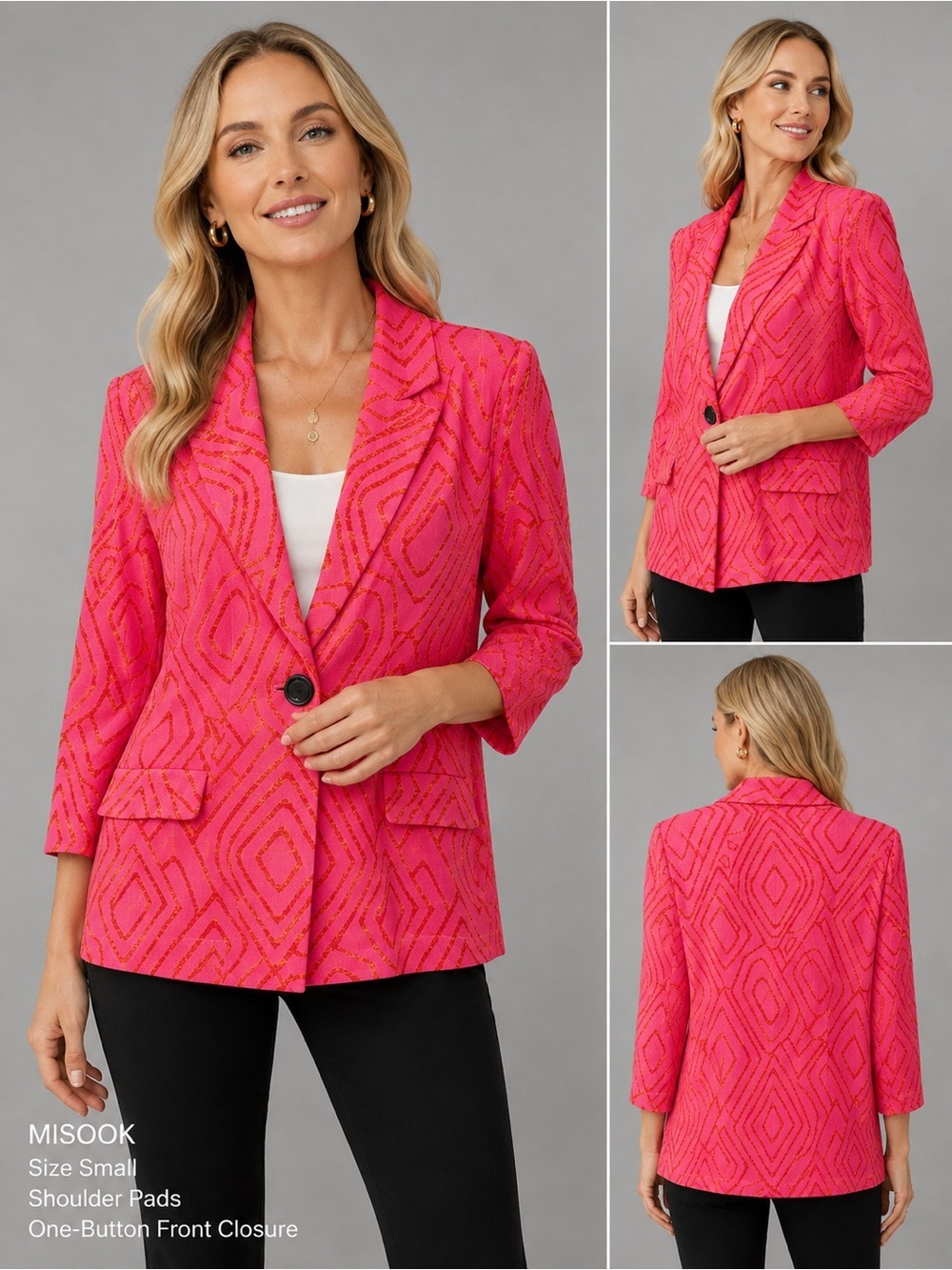 Misook Pink Geometric Knit Blazer Size Small One-Button Shoulder Pad Jacket